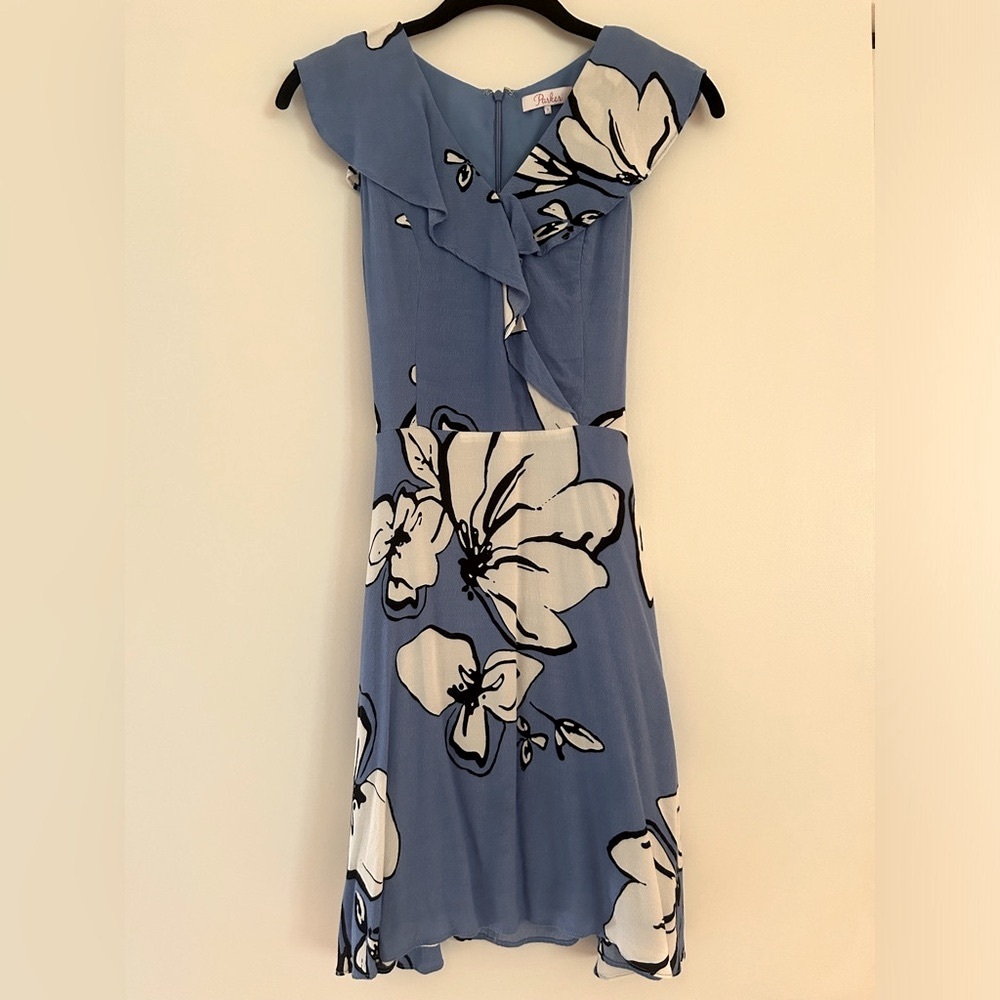 Parker Blue Floral Midi Dress Cap Sleeve Asymmetrical Neckline